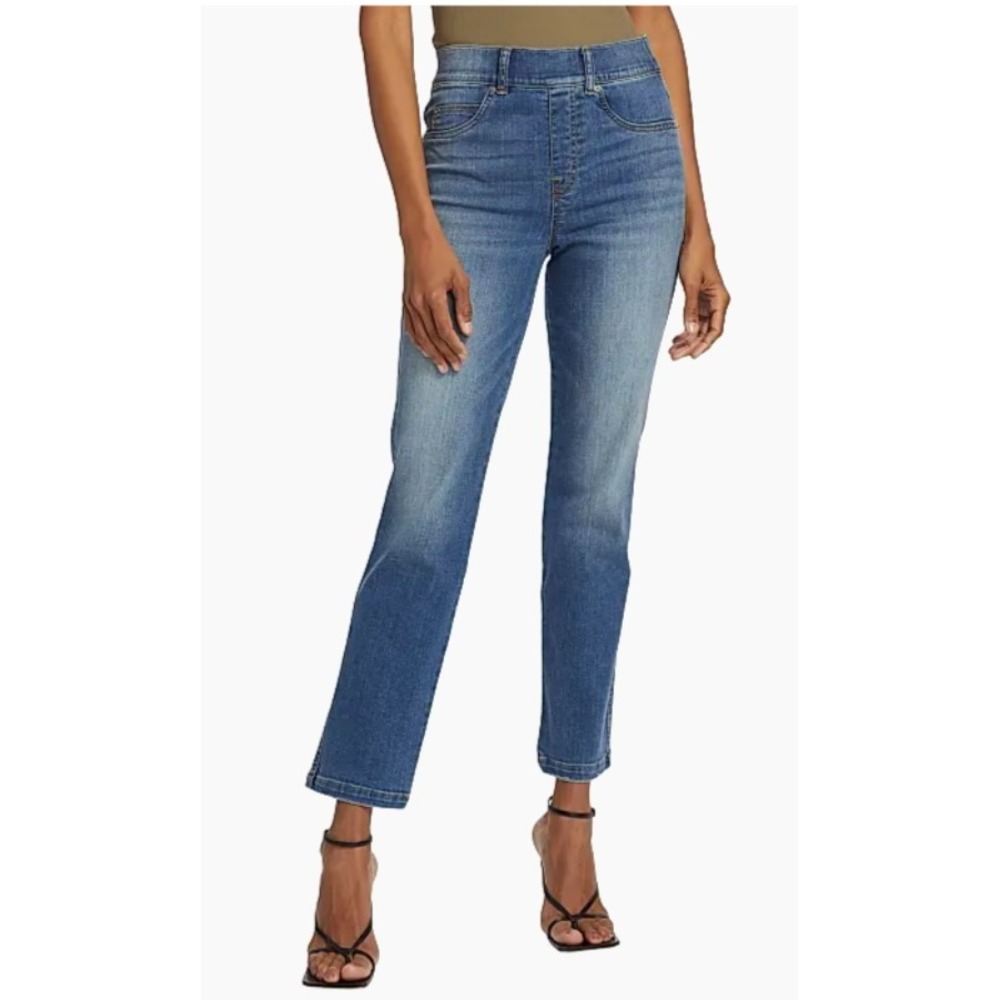SPANX Ankle Straight Leg Pull On Denim Jeans Medium Wash Sz L Petite - Picture 1 of 9